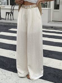 Livesso Women's Summer Solid Color Ribbon Decor Elastic Waist Loose Casual Long Pants - White - View 5
