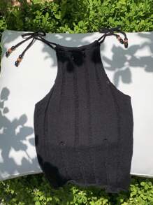 Comfortcana Women's Solid Color Halter Self-Tie Cold-Shoulder Cropped Knitted Sweater Vest