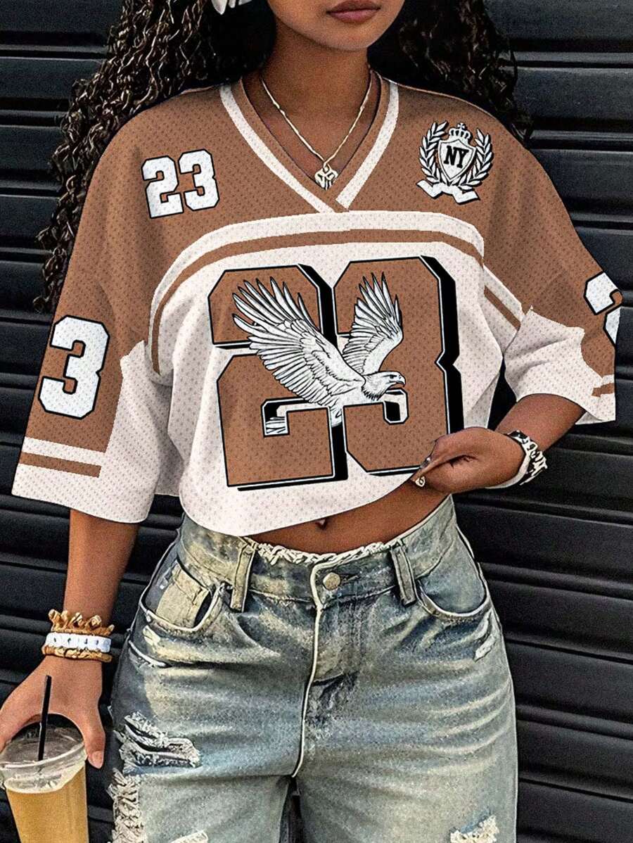 Slaydiva 2025春夏休闲装，23号复古老鹰图案印花简约大码T恤，适合夏季 - 杏色 - 查看 1