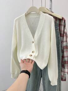 SHEIN Teen Girls' Solid V-Neck Cropped Casual Loose Drop Shoulder Long Sleeve Cardigan Sweater, Autumn Fall Winter - White - View 7