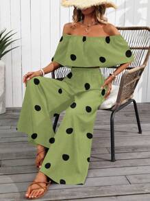 SHEIN PETITE Women's Summer New Off Shoulder Ruffle Hem Jumpsuit (Asymmetrical Floral Print) - Green - View 7