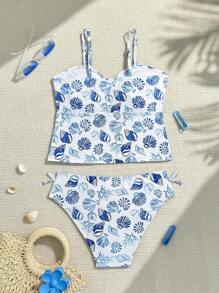 Tween Girls' Shell & Conch Pattern Printed Spaghetti Strap Bikini, Casual Beach, Pool, Party & Holiday Wear, Spring/Summer