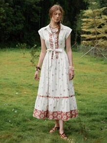Florisole Damen Boho Blumen V-Ausschnitt ärmellos Maxikleid mit gestuftem Rock und verstellbarem Taillenband, elegantes Kleid für Frühling/Sommer