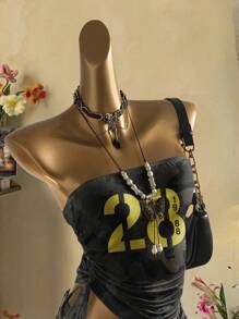 Attitoon 女士时尚数字印花褶饰前系带抹胸短款上衣，夏季返校 Y2k 上衣迷彩上衣 Y2k 女士上衣抹胸 Y2k 哥特风 - 彩色 - 查看 3