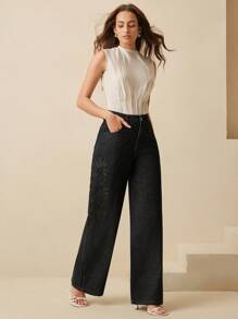 Anewsta 女士新款精致镂空刺绣情人节黑色直筒牛仔裤 - 黑色 - 查看 6