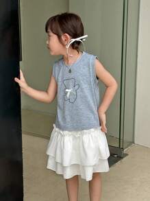 SHEIN Cute Grey Polyester Sleeveless Top With Teddy Bear Graphic For Little Girls  Kids Back To School - Grey - View 3