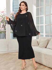Lacomfia Plus Size Women's Solid Color Chiffon Splice Casual Dress - Black - View 4
