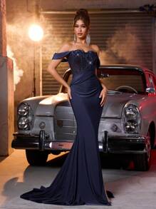 Glamrae Đồ bơi hở lưng hở lưng đính cườm và sequin lấp lánh thanh lịch, co giãn, hở vai, viền đuôi cá, thích hợp cho đám cưới, tiệc tùng, tốt nghiệp, tiệc chiêu đãi, dịp trang trọng - Màu xanh hải quân - Xem 3