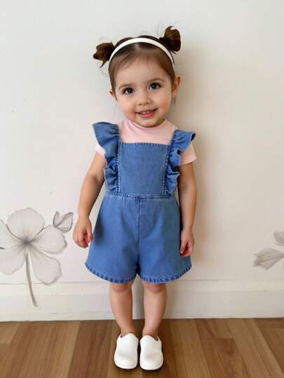 SHEIN Young Girl Blue Denim Romper With A Three-Dimensional Bow On The Back