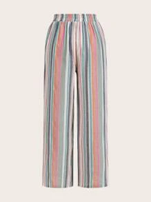 SHEIN Essnce 3 件套女士休闲系腰口袋直筒裤套装，条纹面料，凉爽穿着，轻松舒适，休闲穿着，波西米亚风格，适合夏季 - 彩色 - 查看 5