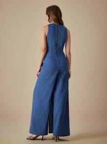 SHEIN Frenchy 女式纯色休闲无袖阔腿牛仔连体裤 - 藍色 - 查看 9