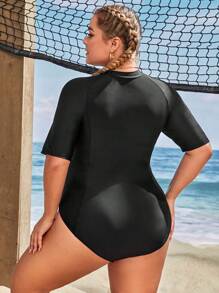 Swim SPRTY Plus Size Solid Zipper Front One Piece Swimsuit Summer