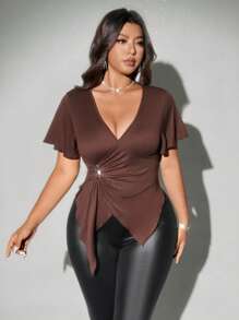 Viva Relle 大码 V 领金属装饰休闲系带修身度假 T 恤，夏季 - 棕色 - 查看 4