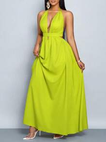 SOLERSUN Women Solid Color Halter V-Neck Vacation Holiday Beach Criss Cross Tie Backless Maxi Dress Vacation Beach Outfits - Green - View 4