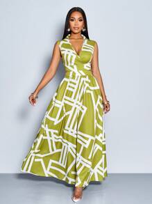 SOLERSUN 女士优雅时尚全身印花 V 领腰部镂空设计无袖长裙（随机花卉图案）