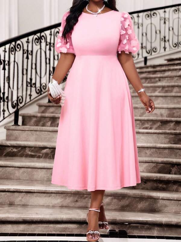 Fleurora Spring And Summer Elegant Commuter Office Pink Cut Flower Mesh Three-Dimensional Stitching Sleeves Knitted Round Neck Flared Puff Sleeves Medium-Length Short Sleeves Plus Size Dress Ladies Office Clothing Ladies Dress Elegant Summer Ladies Clothing