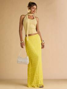 SHEIN BAE 夏季女款黄色纹理褶皱半身裙 - 黃色 - 查看 4