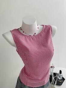 Chiquease 女式格子露背扭纹前部无袖上衣，夏季时尚