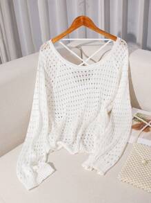 Franclia 女士新款浪漫法式镂空白色简约别致针织毛衣针织套头衫秋冬 - 白色 - 查看 5