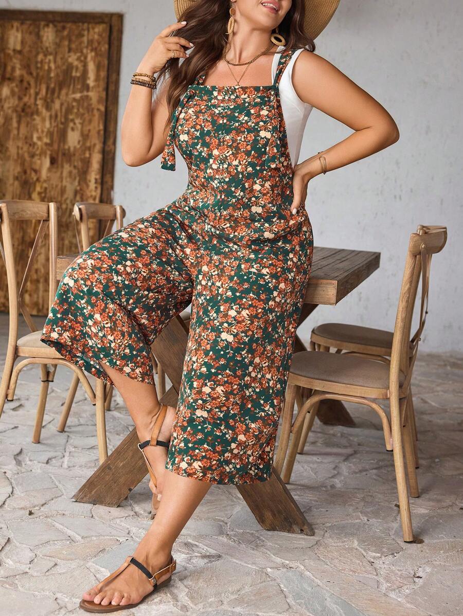 SHEIN Clasi Bộ đồ liền thân thắt nút hoa giản dị cỡ lớn dành cho nữ, ống đứng thoải mái, thích hợp mặc hàng ngày và ngày lễ - Nhiều màu - Xem 1