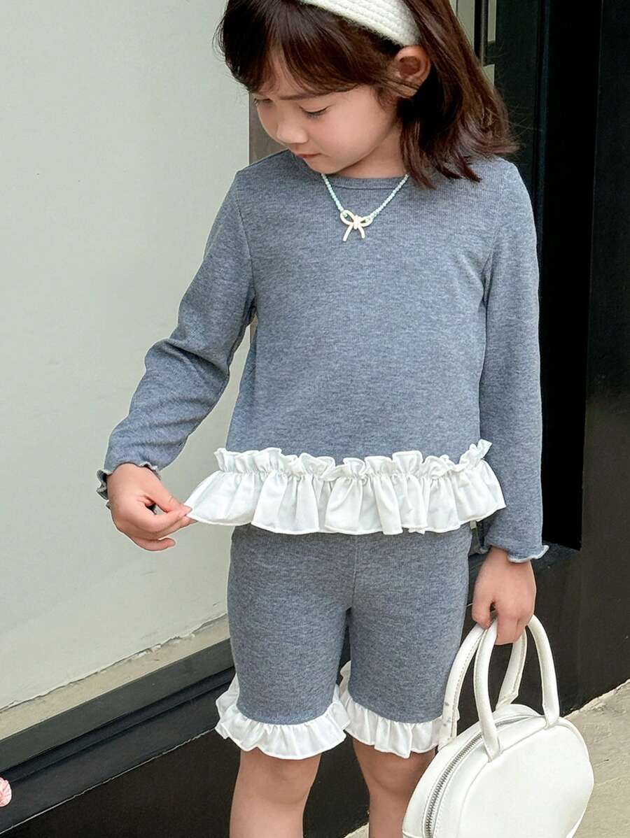 SHEIN 2pcs/Set Young Girls Casual Ruffle Hem Long Sleeve Top And Ruffle Hem Shorts Set - Multicolor - View 1
