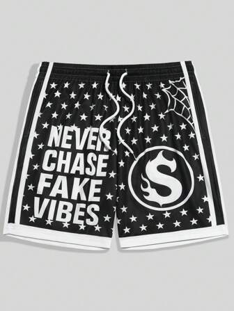 Anime Men's Street Life Letter & Star Graphic Print Drawstring Waist Casual Shorts
