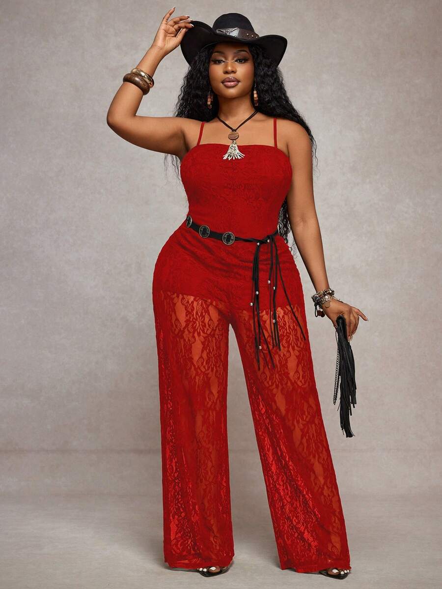 Veslaya Mono de encaje negro sexy y elegante de una pieza sin mangas y de talla grande para fiesta, cita, festival de música - Estilo B