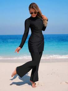 Swim Mulvari Swim Shayni Women 2 Pieces Set - Crew Neck Long Sleeve Top & Form-Fitting Long Pants Conservative Holiday Outfit For Summer Beach Vacation