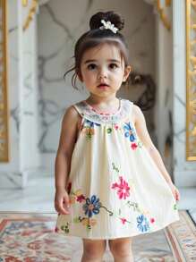 Baby Girls' Sleeveless Embroidered Dress, Sweet Style, Delicate Floral Pattern, Suitable For Holidays, Gatherings, Create An Elegant Little Princess Look - Apricot - View 3