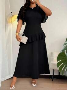 SHEIN Clasi Plus Size Elegant Ruffle Hem Solid Color Vacation Dress