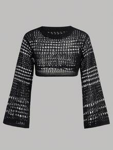 SHEIN 青少年女孩休闲宽松圆领黑白镂空针织短款上衣两件套，买一送一 - 彩色 - 查看 6