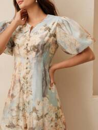 Anewsta Women's Elegant Fashion Puff Sleeve Pearl Button V Neck Floral Print A-Line Dress