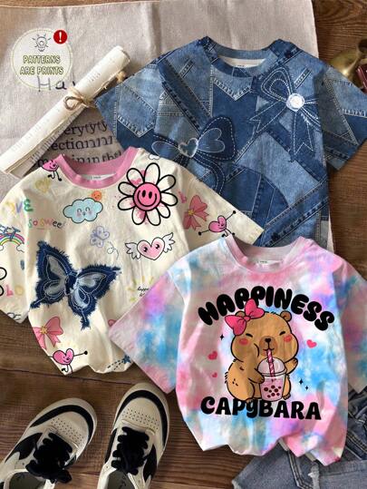Tween Girls 3-Piece Set Casual Cute Hand-Painted Graffiti Cartoon Bow Print, Tie-Dye Cartoon Animal Capybara Pattern, Bow Print Short Sleeve Round Neck T-Shirt, Suitable For Summer
