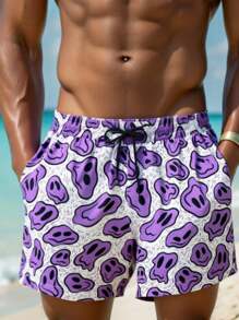 Manfinity Swimmode 男士卡通笑脸抽绳腰带口袋休闲沙滩短裤 - 紫色 - 查看 3