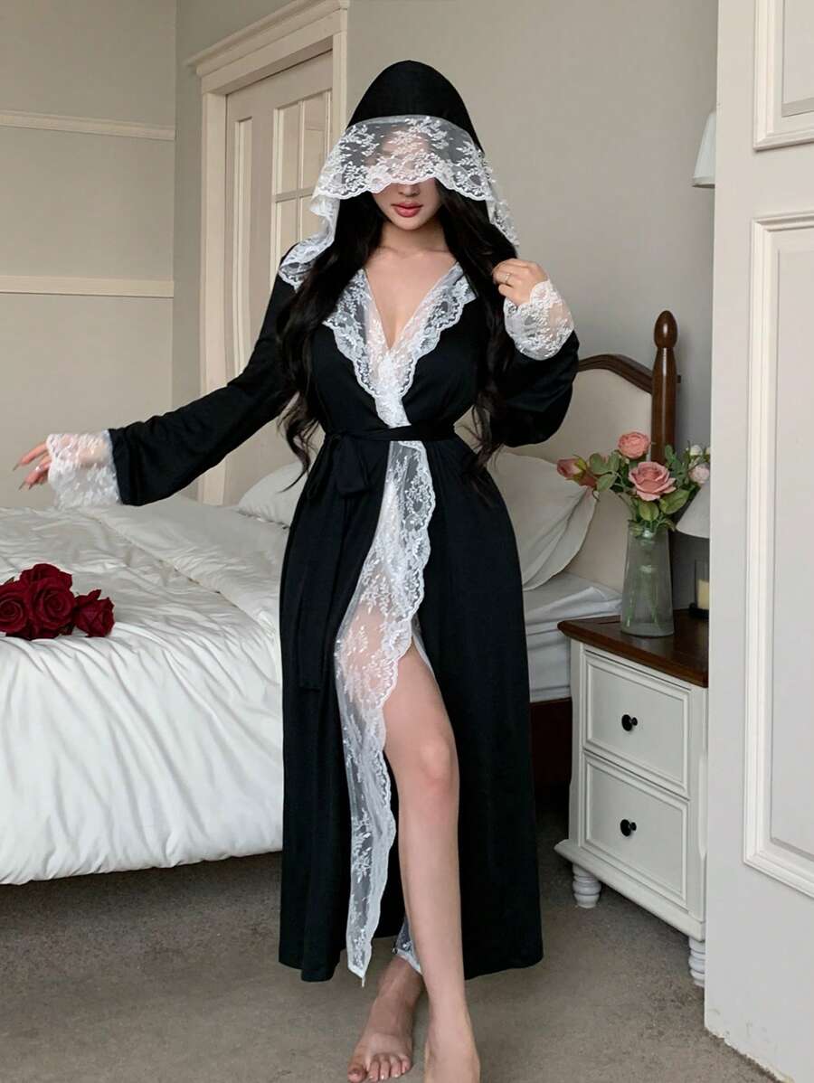 Snug Zone Casual Elegant Lace Patchwork Hooded Belted Bath Robe For Women, Cozy And Elegant Details, Fall & Winter - Black and White - View 1