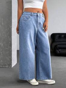 SHEIN ICON 女式大码休闲宽松街头风格牛仔裤 - 淺色水洗藍 - 查看 6