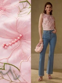 MOTF PREMIUM Camiseta de tirantes con aplicaciones florales y detalles de perlas falsas - Rosa - Ver 1