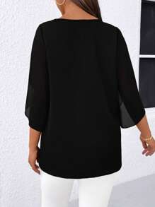 SHEIN Unity Women's Casual Tie-Dye Wave Collar Blouse, Flattering And Versatile - Black - View 2