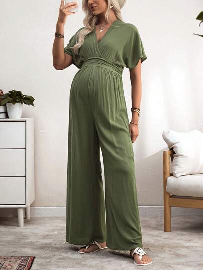 SHEIN Pregnant Women V-Neck Batwing Sleeve Solid Color Casual Wide Leg Jumpsuit