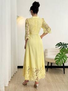 Modelyn Yellow Eyelet Embroidery Patchwork Maxi Long Sleeve Dress For Women - Yellow - View 5