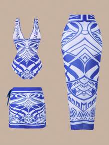 Swim Oasis Nuevo conjunto de baño de verano 2025 de 3 piezas para mujer, que incluye traje de baño de una pieza con estampado de posicionamiento, falda y falda larga de malla para vacaciones en la playa - Azul y blanco - Ver 2