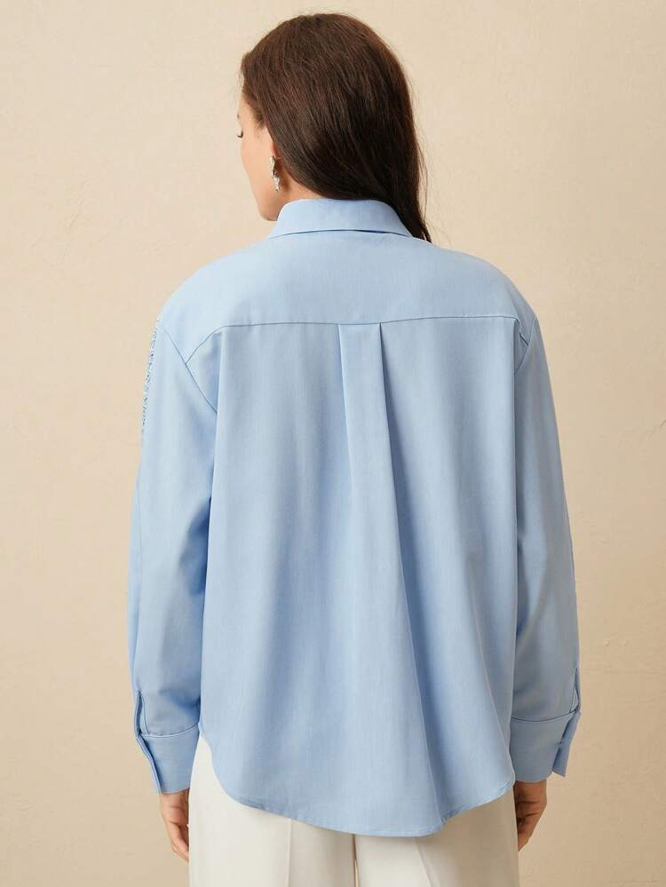 Spring New Fashion Vacation Style Lace Trim Patchwork Hollow Out Sheer Long Sleeve Polo Collar Blouse For Women