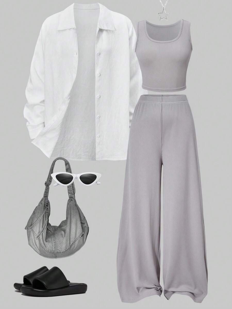 SHEIN 3 件套青少年女孩轻质防晒长袖衬衫、吊带背心和裤子休闲舒适服装，春夏季 - 淺灰色 - 查看 1