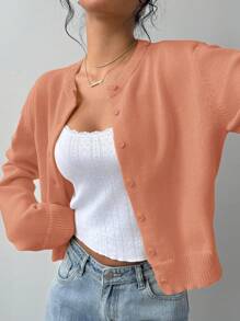 SHEIN BASICS Casual Solid Color Round Neck Long Sleeve Loose Cropped Women Knitted Cardigan,Tops For School In Fall/Winter - Orange - View 6