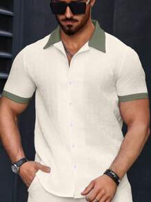 Manfinity Homme Men's Summer Contrast Color Single-Breasted Casual/Office Short Sleeve Shirt