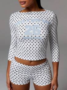 Athîral 女士圆点图案针织上衣和短裤两件套 - 黑與白 - 查看 1