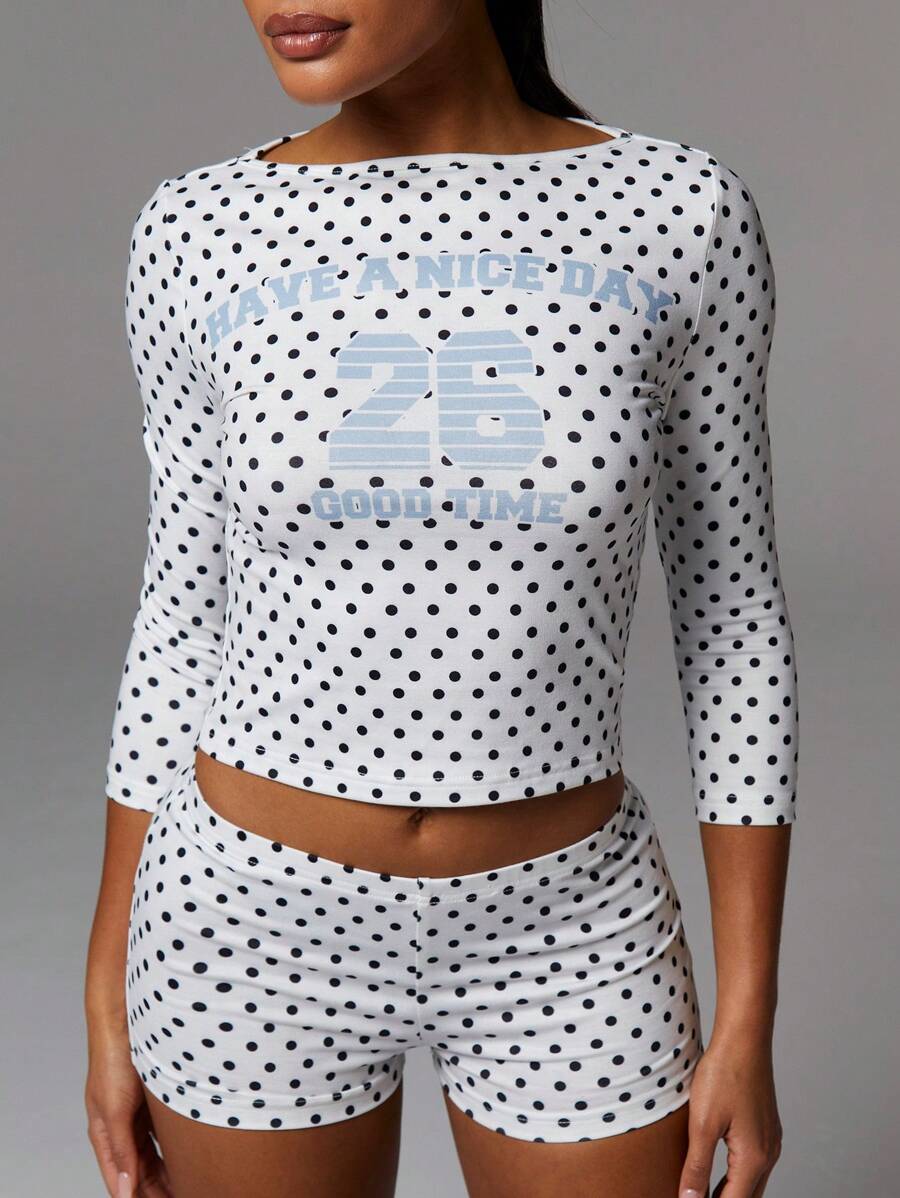 Athîral 女士圆点图案针织上衣和短裤两件套 - 黑與白 - 查看 1
