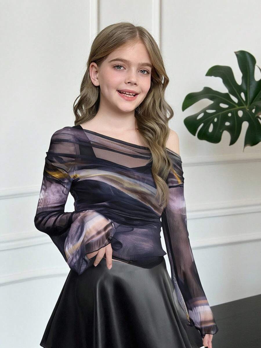 SHEIN Tween Girls Asymmetric One Shoulder Tie Dye Flare Sleeve Mock Layer Long Sleeve T-Shirt - Black - View 1