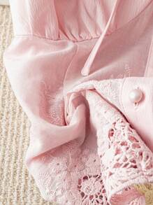 Franclia 女士甜美优雅法式系带撞色蕾丝露肩修身短款上衣，适合春夏穿着，粉色可爱蕾丝上衣 - 粉色 - 查看 3