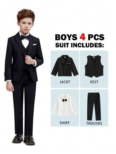 Set de 4 piezas de traje formal para niños pequeños, que incluye chaqueta de traje minimalista de solapa negra, chaleco sin mangas, camisa de manga larga con corbatín y pantalón de traje negro, adecuado para fiestas de cumpleaños, bodas y aniversarios